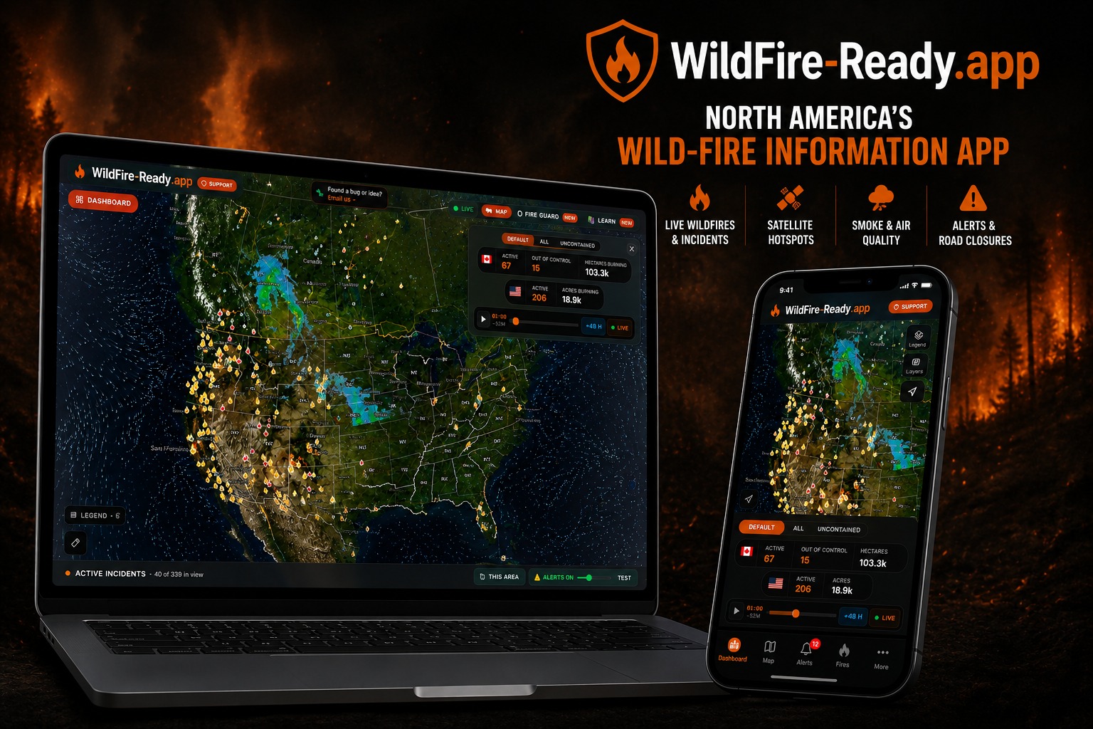 WildFire-Ready.app — North America's wildfire information app, with live wildfire maps on laptop and phone